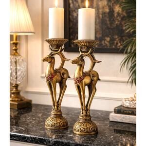 Vintage Hollywood Regency Deer Pillar Candle Holders, 16” Tall Gold Candlesticks